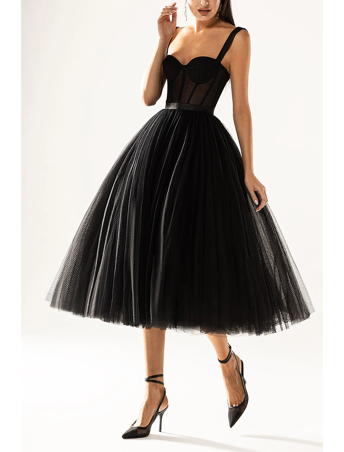 Abiti da cocktail a trapezio, abiti da festa, abiti da cocktail per la laurea, abiti da festa, lunghezza al ginocchio, senza maniche, senza spalline, in tulle con pieghe, stile Mercoledì Addams Family